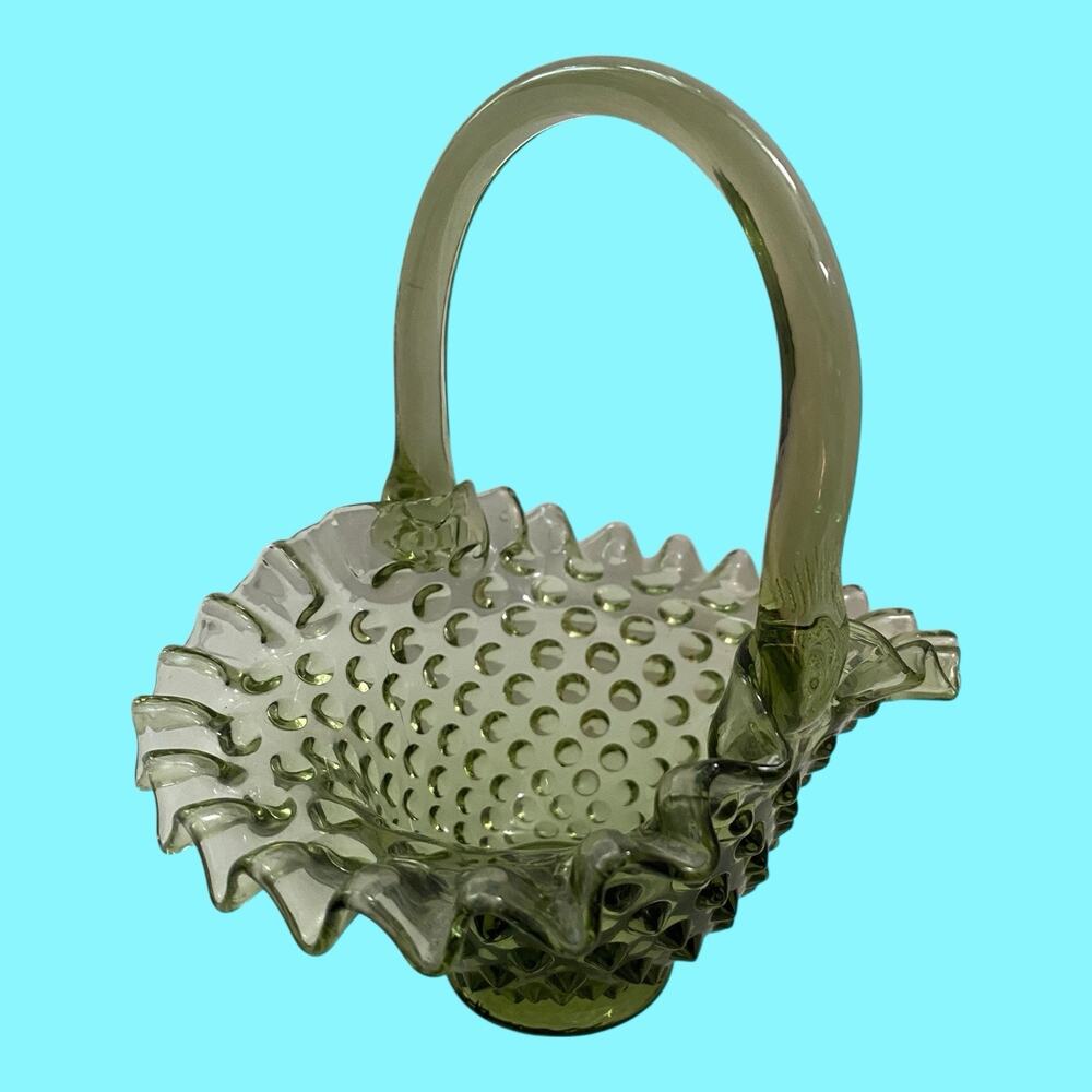 Vintage Fenton Ruffled Edge Avocado Green Hobnail Glass Basket 7” Tall